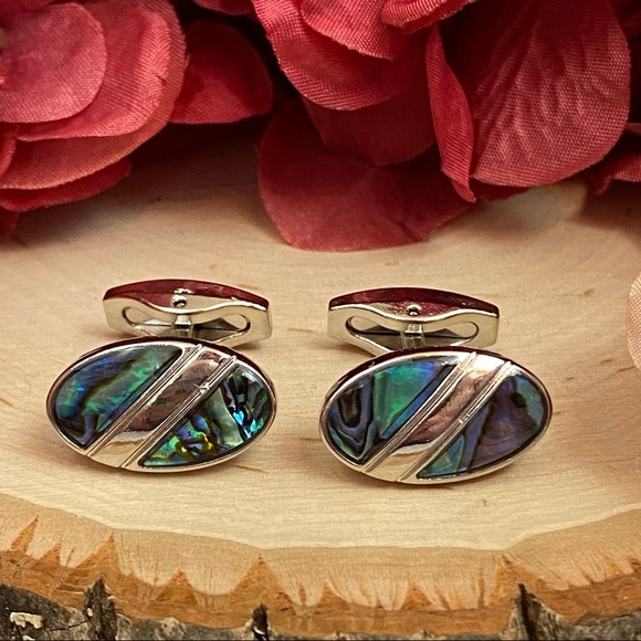 Natural Abalone Shell Silver Oval Cufflinks - Picture 6 of 16
